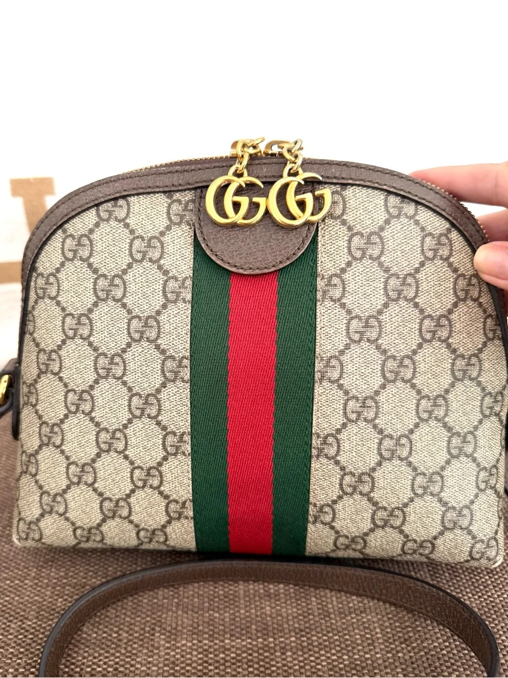 Authentic Gucci Ophedia dome crossbody bag brown GG monogram supreme canvas